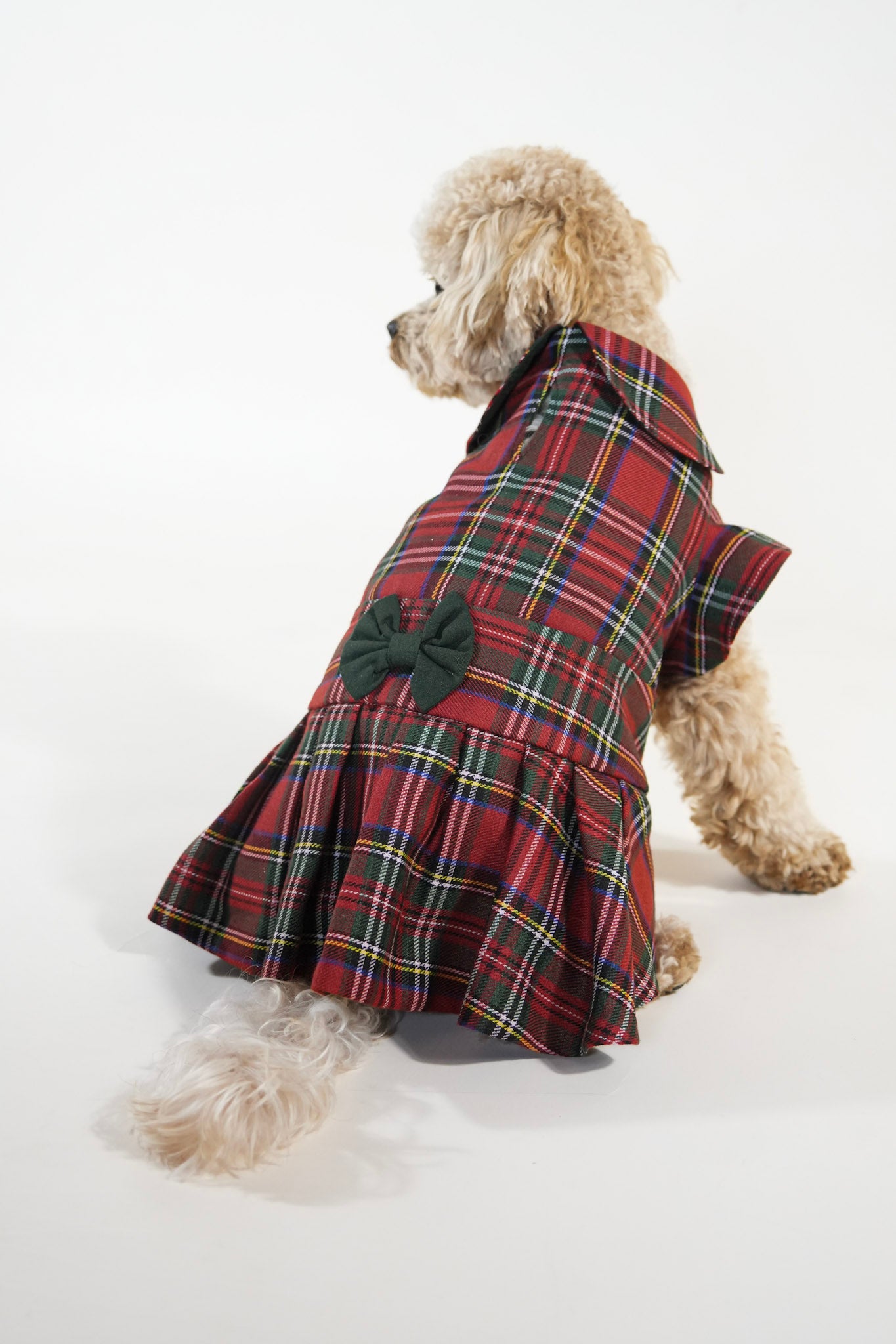 red patterned pet dress with crisscross design and bow