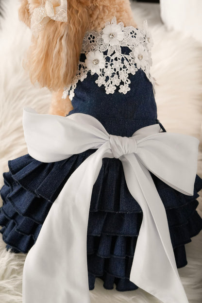 floral denim dress for pets with bow tie