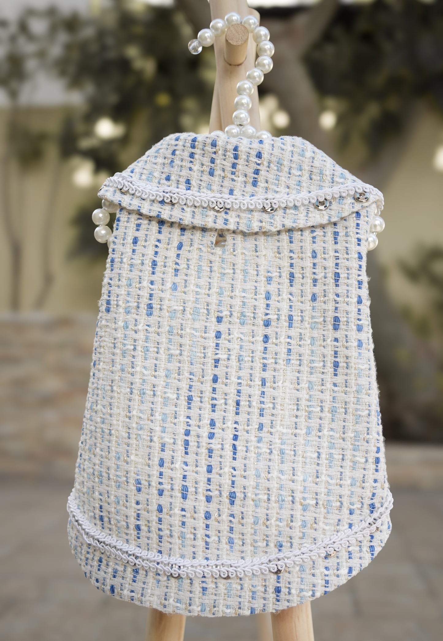 Earl Grey Elegance blue pet dress with removable feathers