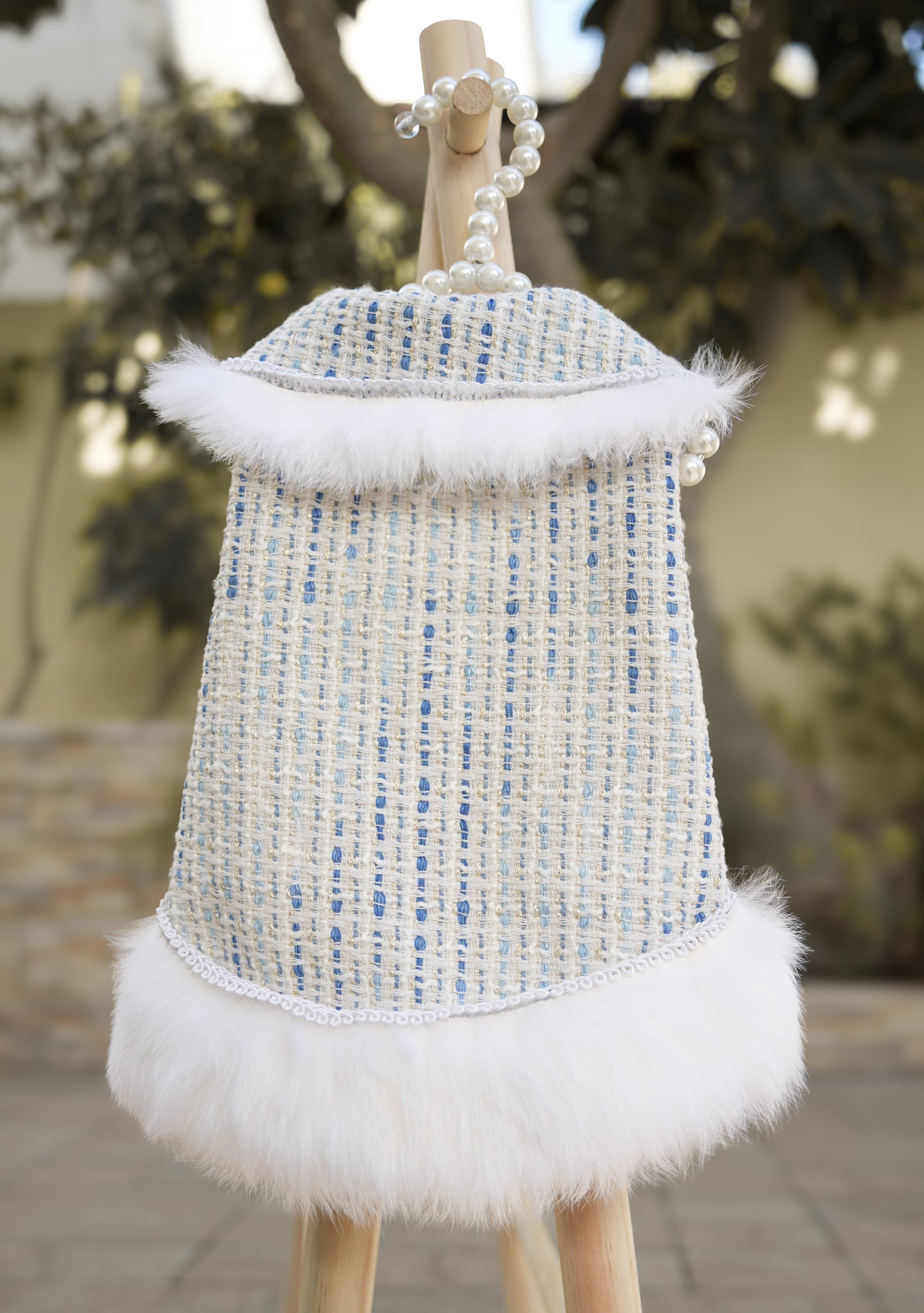Earl Grey Elegance blue pet dress with removable feathers