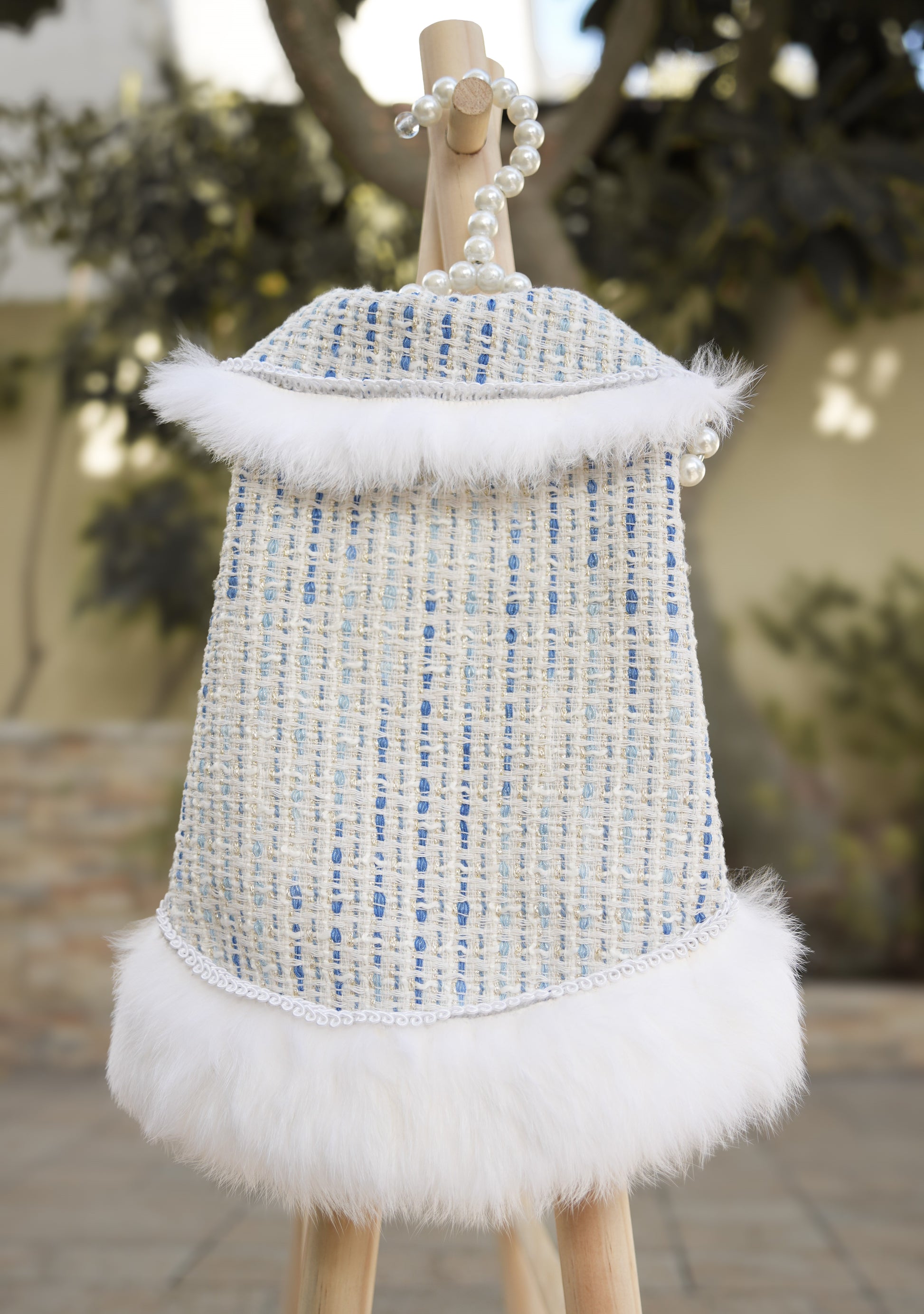 Earl Grey Elegance blue pet dress with removable feathers