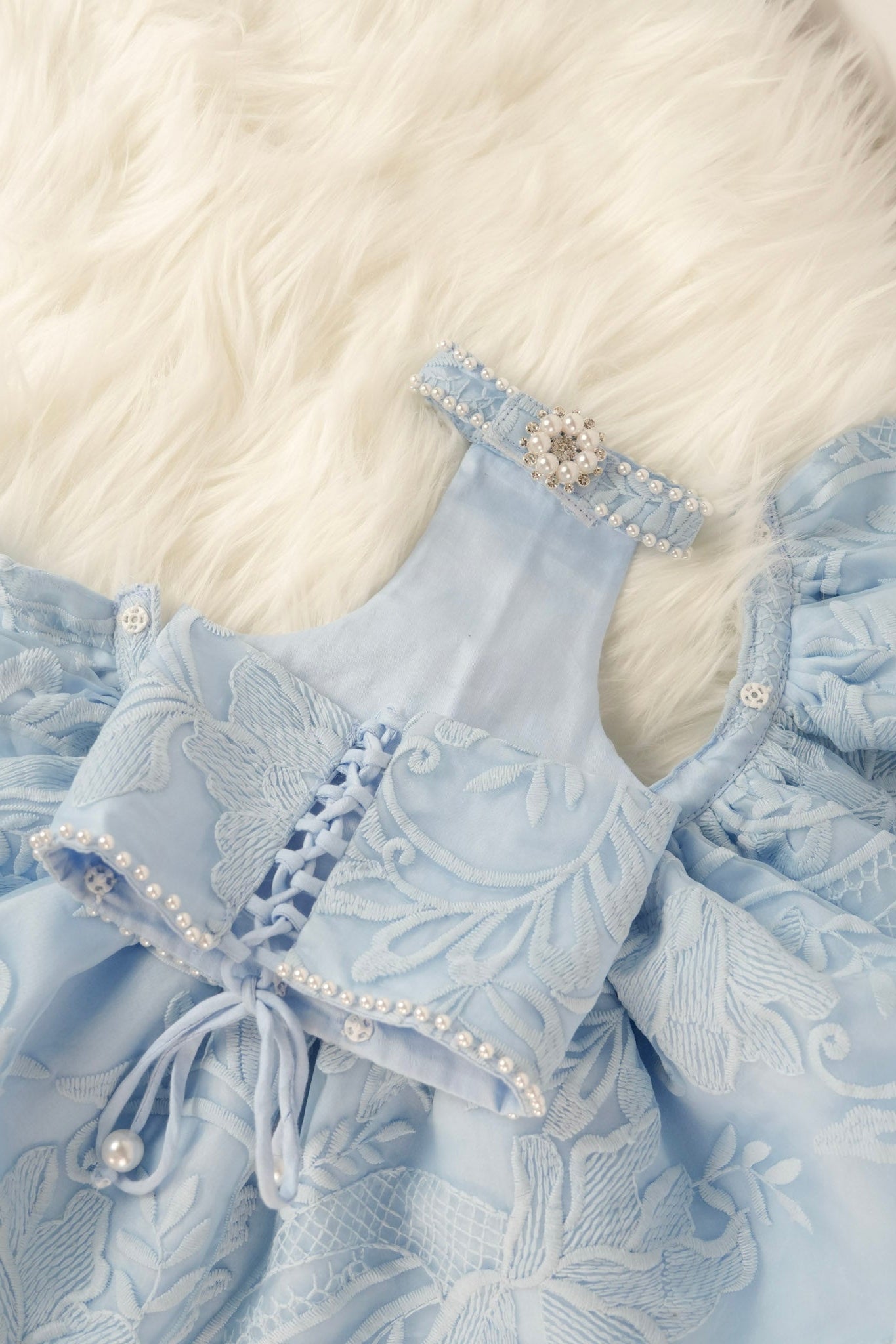 blue summer pet dress with puffy skirt and lace back